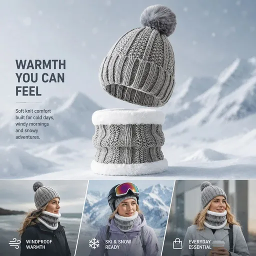 Versatile Snow Gear Gift Plush Lined Knit Hat 2 Pack Light Grey, Daily & Ski Travel Matching Outfit