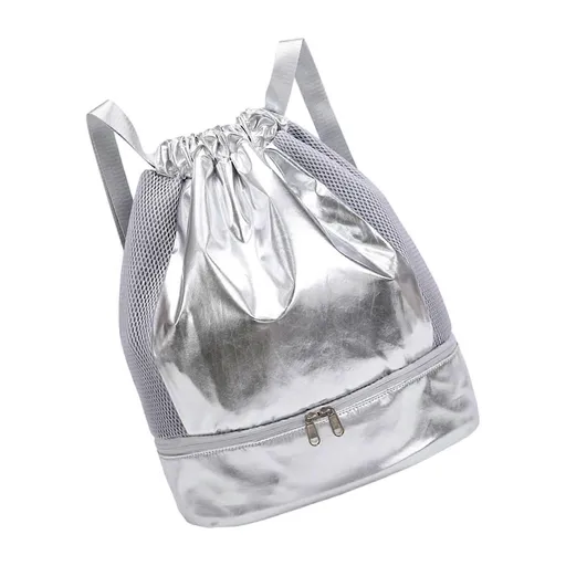 Drawstring Swim Bag Oxford Sports Backpack with Shoe Compartment - Silver