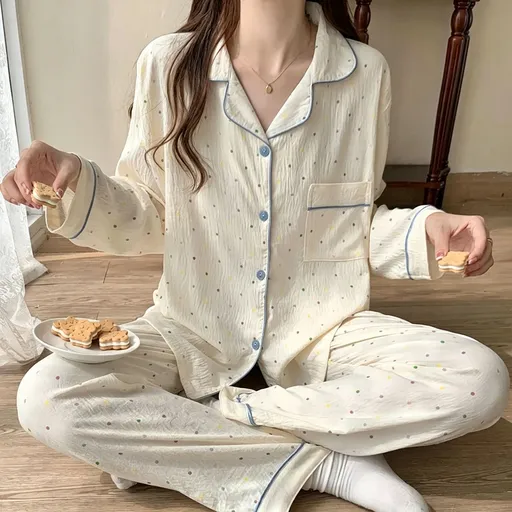 Blue Polka Dot Crinkle Size XL | Plus Size Crinkled Pajamas | Christmas Retro Girly Gift | Plus Size Friendly Retro Loungewear