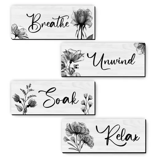 Bathroom Wall Art Rustic Farmhouse Decor 4 Piece Wood Hanging Sign Relax Soak Unwind Breathe