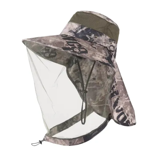 Camouflage Brown Adjustable Anti-Mosquito Sun Fishing Hat - Breathable Full Face Mesh Veil & Outdoor Sun Protection Hat with Windproof Drawstring