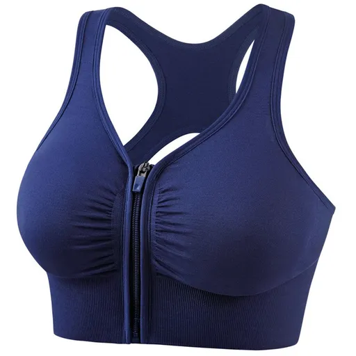Womens High Impact Sports Bra With Front Zipper, Wirefree Breathable Open Back Push Up Support For Running Yoga Fitness, Navy Blue XL
