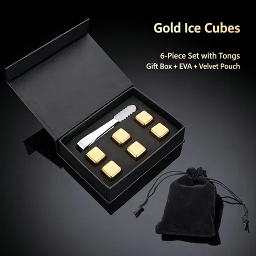 Reusable Metal Chilling Ice Stone Kit | Halloween Party Gift | Gold Square 6‑Pack with Silicone Tongs,EVA Tray,Gift Box & Velvet Pouch