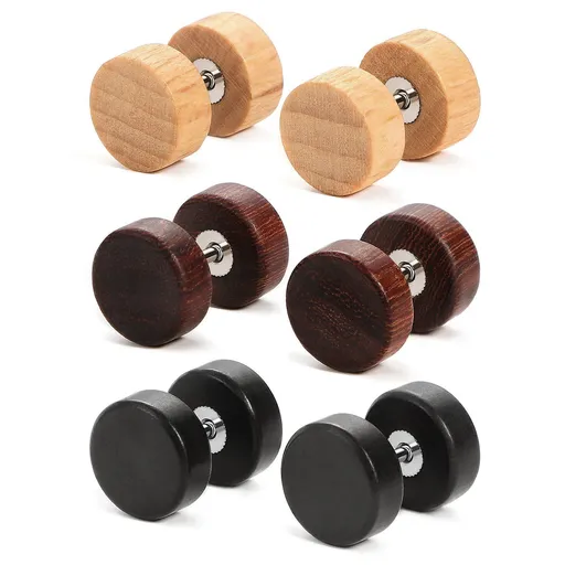 Wood Plugs Earrings For Men Women Wooden Fake plugs Gauge Studs Circle Flat Back Dumbbell Earrings Women (3 Pairs,10mm)