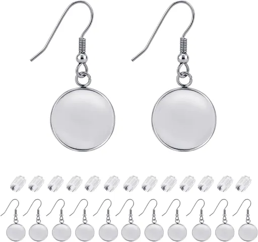 Earring Kit 30pcs Blank Ear Wire Hook 14mm Stainless Steel Cabochon Setting Earring Bezel with Rubber Backs for Cabochon Resin DIY Earwire Making (14mm, 30pcs)