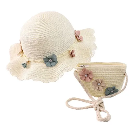 Girls Straw Hat and Shoulder Bag Set for Summer Beach Travel Outdoor Play, White