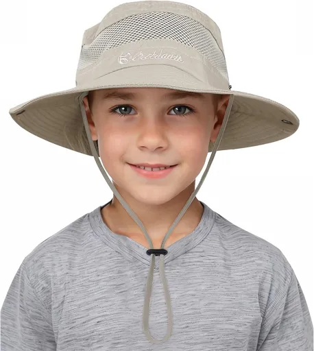 Kids UPF 50+ Sun Bucket Hat, Quick Dry Water Resistant Hat for Beach, Fishing, Safari, Hiking and Outdoor Play, Beige, Ages 5 to 13
