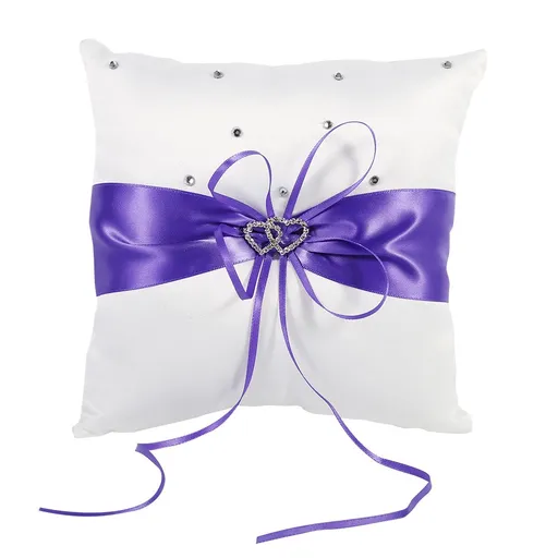 Wedding Ring Bearer Holder Pillow Cushion With Bowknot Stain Double Hearts Diamonds (Purple)