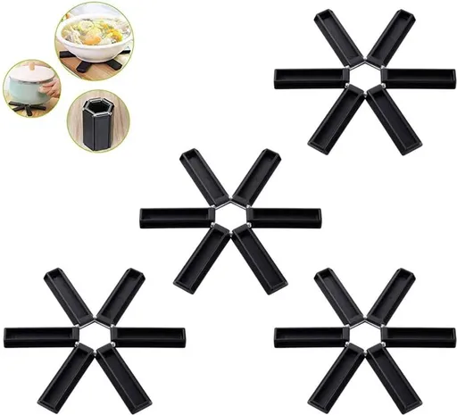 Pot Coaster - 4 Pieces - Coaster - Pot Holders - Pot Rack - Foldable - Heat Resistant - Non-Slip - Stylish Design - Practical - Foldable - Durable - Washable - For Pots, Pans, Bowls - Black