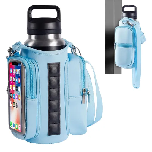 Transparent Single Row 6 Magnet Fitness Water Bottle Bag: HD touchscreen phone pocket, multi-pocket storage, thickened wear-resistant material securely attaches to equipment, one bag handles all sports and travel needs./BLUE