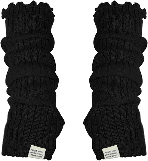 Black Arm Warmers Women Winter Long Black Cotton Fingerless Gloves Knit Mitten Elbow Length Gloves with Thumb Hole, Warm and Comfortable (Cotton)