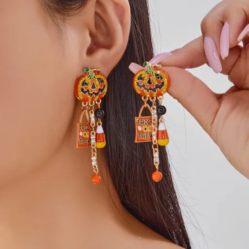 Halloween & Christmas Party Ear Jewelry For Ladies, Gothic Tassel Drop Earrings With Pumpkin Ghost Pendant, Daily & Festival Wearing, Style‑ER25Y0348