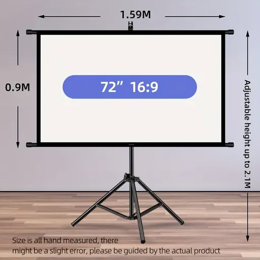 72in Portable and mobile projection screen with tripod stand, 16:9 HD format, suitable for home theater and indoor wall mounting. Made of polyester fabric, easy to set up and use. Ideal for office presentations and home entertainment, ready to use ri