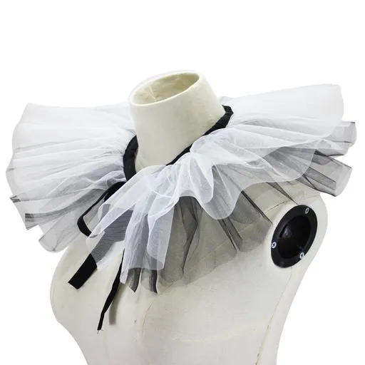 Women's Renaissance Tulle Ruffled False Collar Layered Black White Mesh Clown Choker Lace Up Victorian Neck Ruff Shawl Cosplay Props