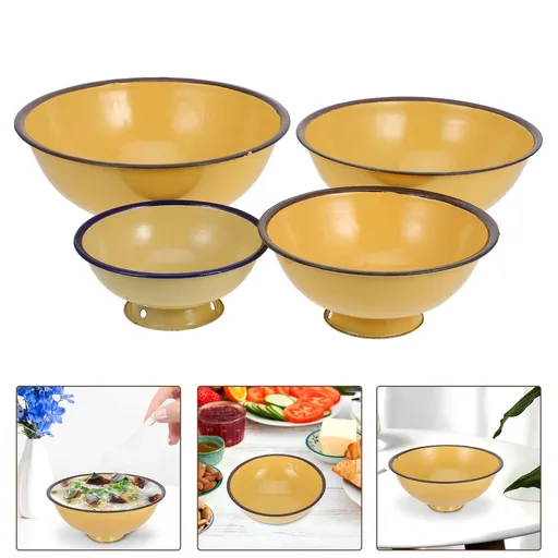 Set of 4 Unbreakable Enamel Bowls - Round Cereal, Soup, Rice, Pasta, Salad Bowls in Yellow, Farmhouse Kitchen Dinnerware 13-20cm