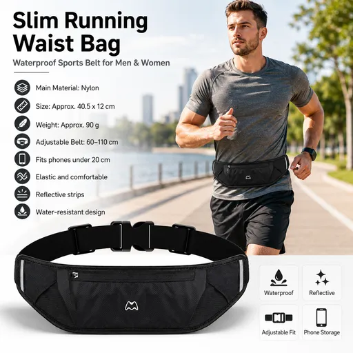 Black Running Waist Pack—Made of waterproof nylon with an adjustable strap (fits waist sizes 60–110 cm); features a three-pocket design to store a phone and keys, includes reflective strips for safety during night runs, and is suitable for running, m