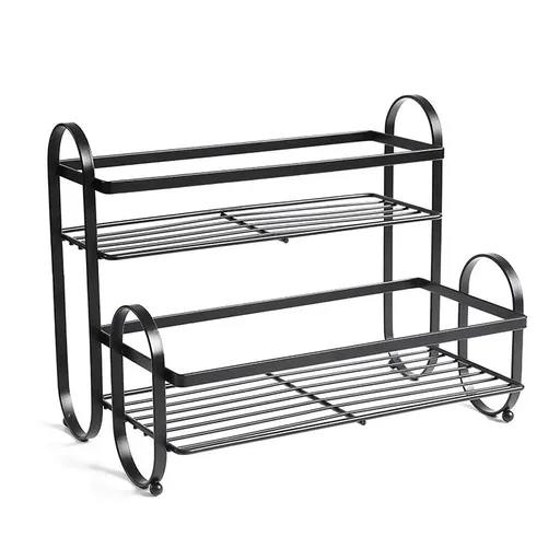 Iron Double Storage Shelf Organiser Durable Metal Rack for Kitchen Bathroom Use - Black