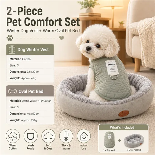 Winter Pet Care Bundle - S Size 32*20cm Green Quilted Dog Vest with Leash Ring and S Size 40*50cm Grey Oval Arctic Fleece Bed - Warm Cotton Outerwear, Plush Sleep Nest for Small Dogs and Cats