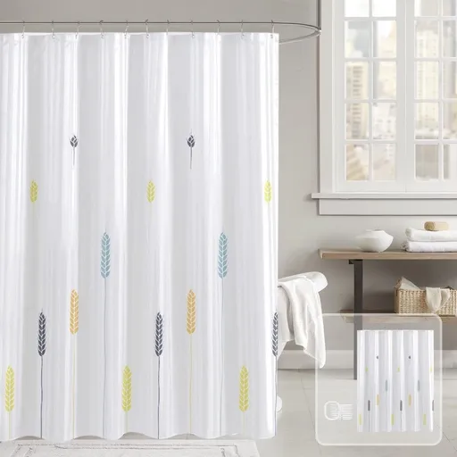 Waterproof Bathroom Shower Curtain with Floral Print, 180x200cm No Hook Installation with Split Rings, Mold Proof Fabric for Toilet Shower Partition, Modern Decorative Door Curtain