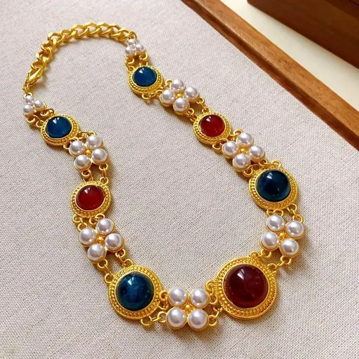 Gold Necklace with Blue Red White Stones | Christmas Tri-Color Vintage Gift | Multi-Tone Rhinestone Flower Heart Necklace Unique Retro