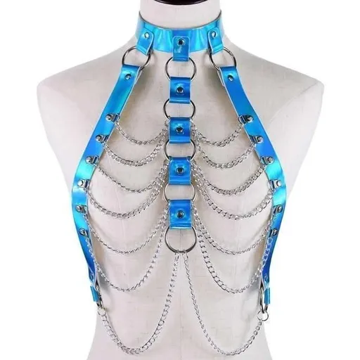 House Of Dasein Holographic Chain Harness Women Body Fetish Clothing - Blue