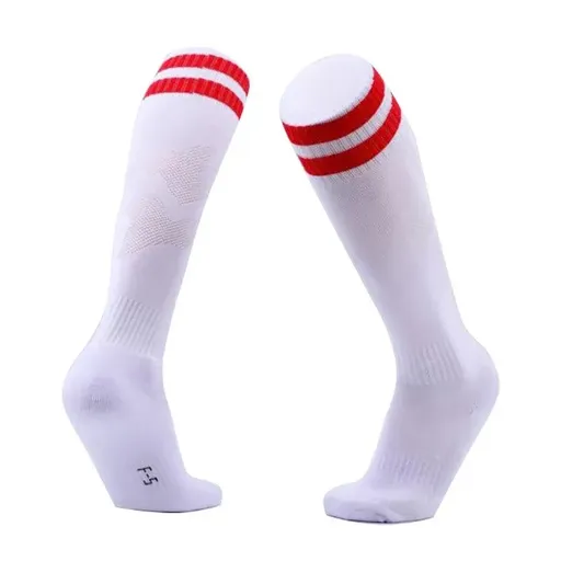 Mens Womens Sports Breathable Tube Long High Socks Knee Warm Casual Footy Soccer - White+Red