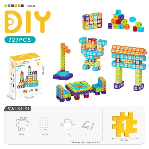 Creative DIY Puzzle Building Blocks Set for Kids Ages 3+ – Colorful Snap-Together Squares for Early Learning, Alphabet & Number Recognition, and Fun 3D Shape Construction at Home (727PCS)