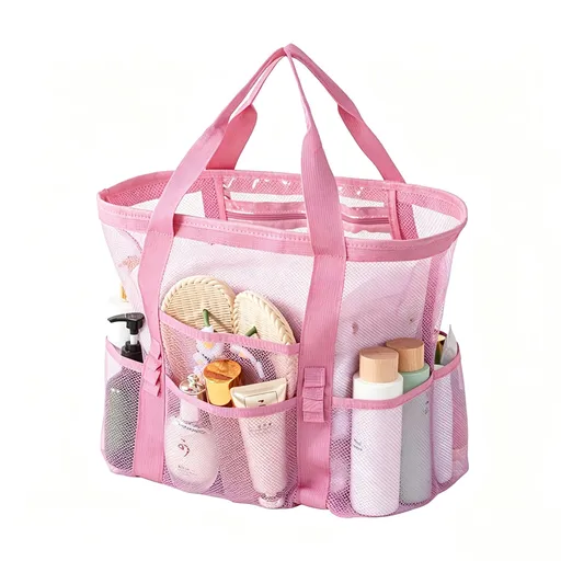 Pink large size Large Capacity Mesh Beach Tote Bag - Breathable PET with Multi-Pocket Storage, Quick-Dry Design for Travel, Gym, and Poolside Use