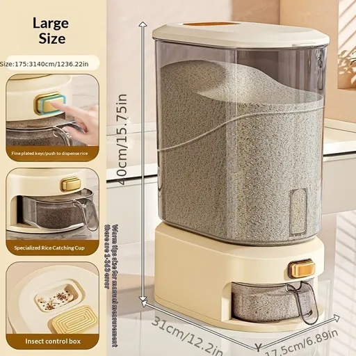 large capacity rice dispenser, measuring cup, time scale, plastic grain storage container, sealed food storage, insect proof food storage, moisture proof food storage, flour storage, pet food storage, Australian kitchen - gray and transparent - Size
