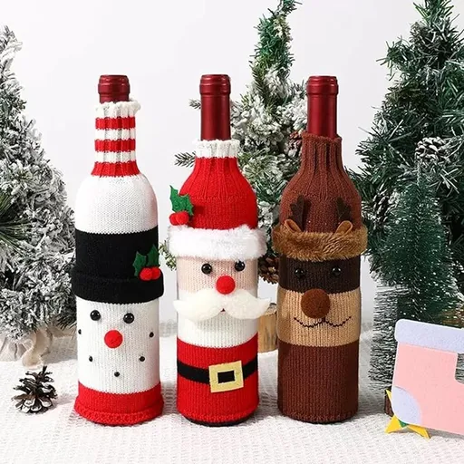 Wine Bottle Cover Hand-Knitted Cartoon Decorated Bottle Cover Christmas 3 Piece Set