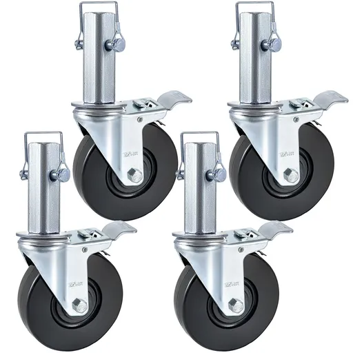 4 Pack 5 Inch Scaffolding Swivel Caster Wheels Heavy Duty Rubber Casters with Dual Locking 1.26 Inch Square Stem 440lbs Capacity per Wheel