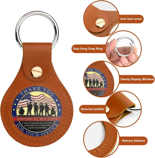 Homakover AA Medallion Coin Holder Keychain,Genuine Leather Standard Challenge Coin Sleeves,Snap Open Display Case