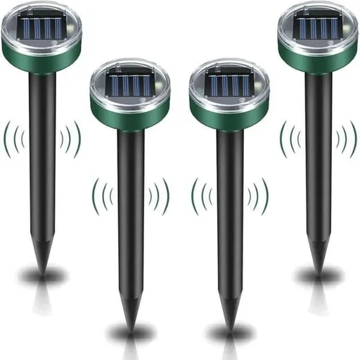 Solar Ultrasonic Mole Repeller 4 Pack, IP65 Waterproof Sonic Mole Vole Gopher Deterrent, Solar Powered Ground Stake Rodent Repellent for Yard Garden Lawn Outdoor Pest Control