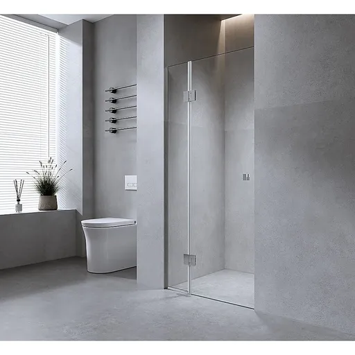 100cm Wall to Wall Frameless Shower Screen – Chrome Wall Channel and Floor Channel, SS Hinges & Square Double Pull Handle