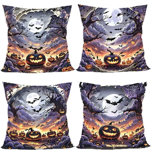 4PC Household Holiday Ornament Pillow Cover For Christmas & Halloween, Style‑72, Suitable For Sofa, Living Room, Bedroom, 45x45cm, Pillow Insert Not Included, Fine Texture Cushion Cover For Leisure Corner Decoration