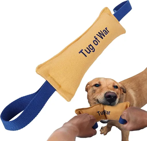 Bite-Resistant Dog Tug Toy with Durable Training Strap for Interactive Chewing, Fetch, Tug of War and Obedience Play, Yellow