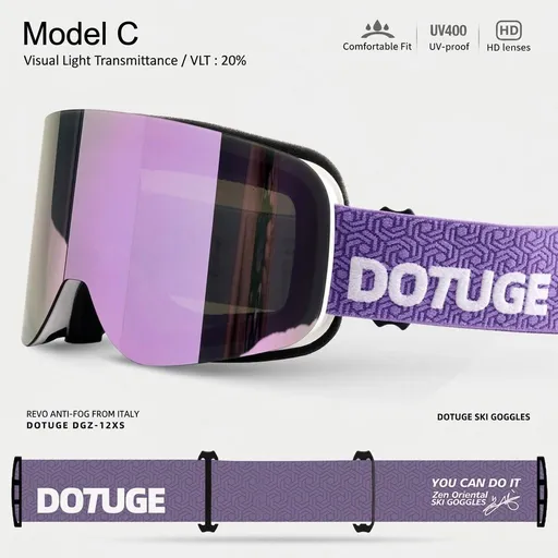 DOTUGE DGZ-12XS Ski Goggles with Italian REVO Coated Dual-Layer Anti-Fog Lens, UV400 Protection, Large Cylindrical Wide View, Compatible with Prescription Glasses, for Skiing and Snow Sports (C)