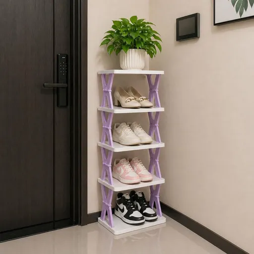 5-tier Vertical Shoe Rack Foldable, Corner Shelf for Narrow Space,Purple