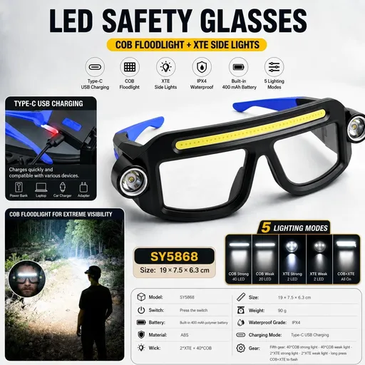 LED Glasses Light Rechargeable USB-C - Blue Hands-Free COB and Dual XTE Headlamp, Lightweight IPX4 Wearable Work Light for Camping, Hiking, Repairs and Night Fishing