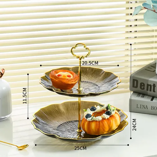 2-Tier Modern Fruit & Snack Stand – Tea-colored Reinforced Tiered Platter with Durable Iron Art Support for Home, Reception, and Office