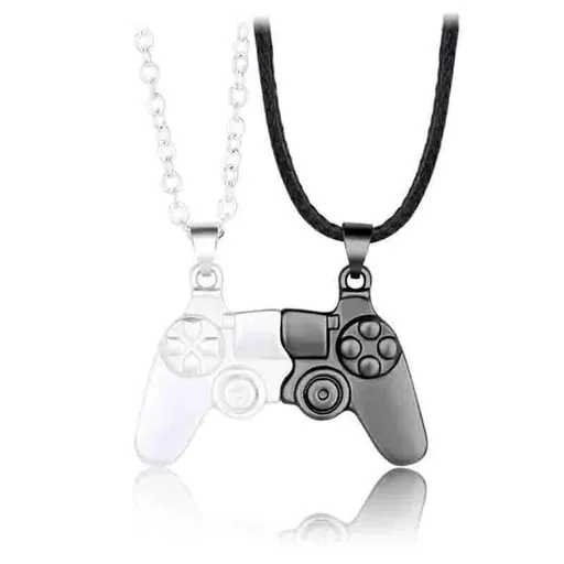 Matching Gamer Controller Necklace for Couples or Friends Pendant Gift Set - Silver and Black