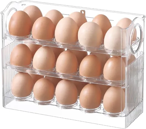 Egg carton - Suitable for 30 eggs - Egg storage box specifically for the refrigerator - Three-layer transparent acrylic egg storage box - Large capacity egg storage box for the countertop - Egg dispenser - Egg rack - 26*10*20 cm - Transparent