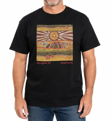 Mens Australia T Shirt Aboriginal Art 100% Cotton Souvenir Indigenous Tee in Black
