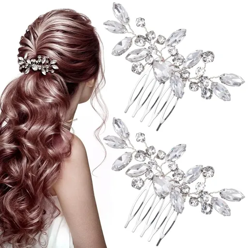 2PCS Bridal Hair Side Combs, Clear Rhinestones Metal Hair Combs, Wedding Crystal Hair Clips for Women, Girls, Brides for Parties, Prom