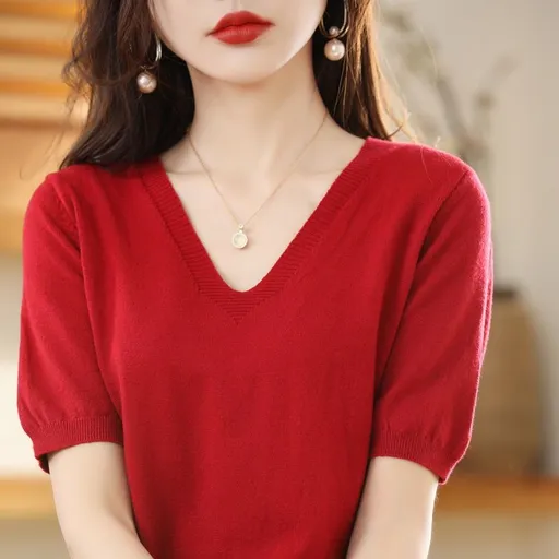 Women V Neck Knit Sweater Half Sleeve Pullover Rust red L Size: L; Height (cm): 165-170; Weight (kg): 55-60; Bust (cm): 90-94; Waist (cm): 74-78; Shoulder width (cm): 39; Length (cm): 62
