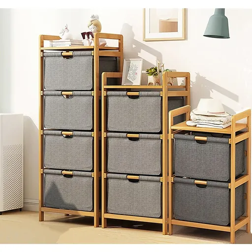 Bamboo Shelf with Storage Hamper – Wooden Organiser with Three-Set Rack Laundry Bags