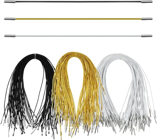 150Pcs 11.8 Inch Elastic Barbed Cords with Metal Ends, 3-Color (Black/White/Gold) Soft Stretch Round Loop String, Versatile for Mask Making, DIY Crafts, Party Hats