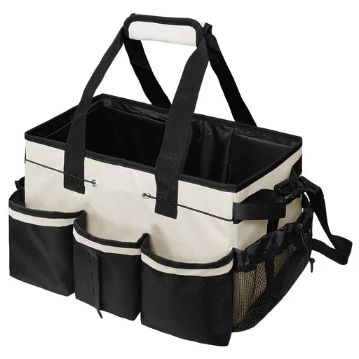 Wearable Cleaning Caddy, Cleaning Caddy Supplies Organizer with Handle & Shoulder Straps for Housekeepers, Under Sink & Car Cleaning Tool Organizers Bag with Foldable Divider (Beige)