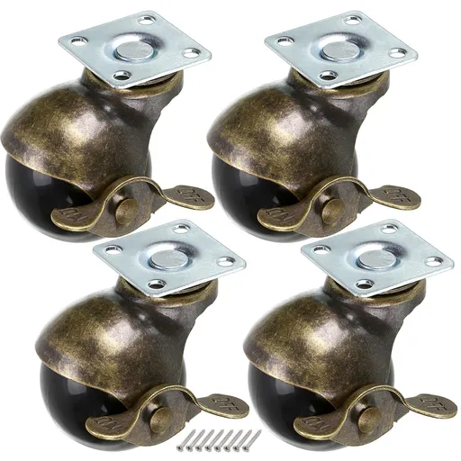 4-Pack Ball Caster Wheel, 1.5" Plate Caster with Brakes, Vintage Antique Swivel Caster Great for Furniture, Sofa, Chair