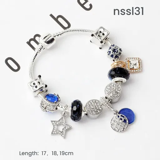 Sparkling Charm Bracelet with Smiley, Crystal, Rhinestone Beads & Hollow Star Zircon Pendants(19cm)